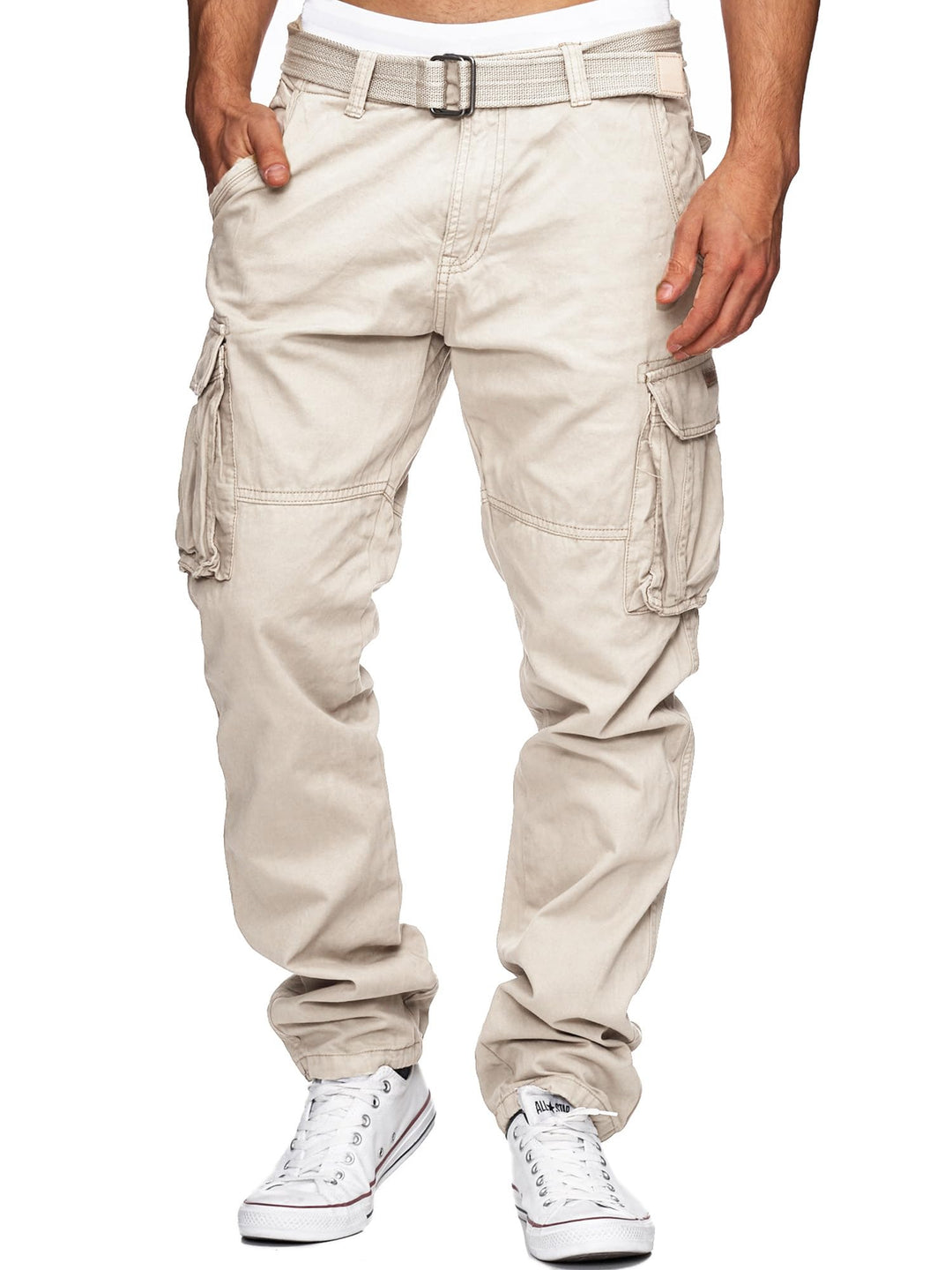 Indicode Herren William Cargohose aus Baumwolle m. 7 Taschen inkl. Gürtel | Outdoorhose, Fog