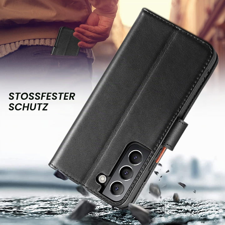 LENSUN Echtleder Hülle für Samsung Galaxy S22, Handyhülle [Echtes Leder] [Magnetverschluss] [RFID Sc