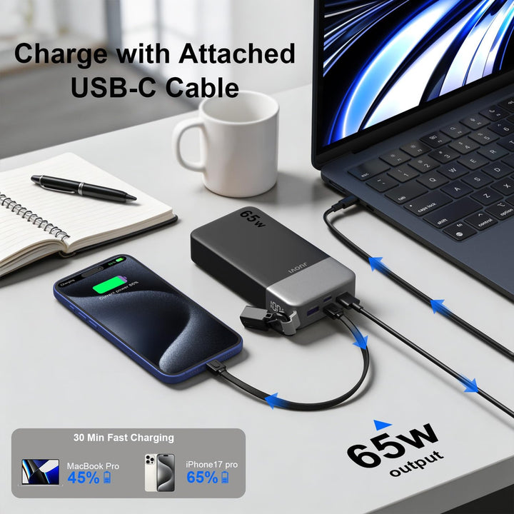 JUOVI Laptop Power Bank, 65W 20000mAh Schnellladung Powerbank | Angebrachtem USB C Kabel, Tragbarer
