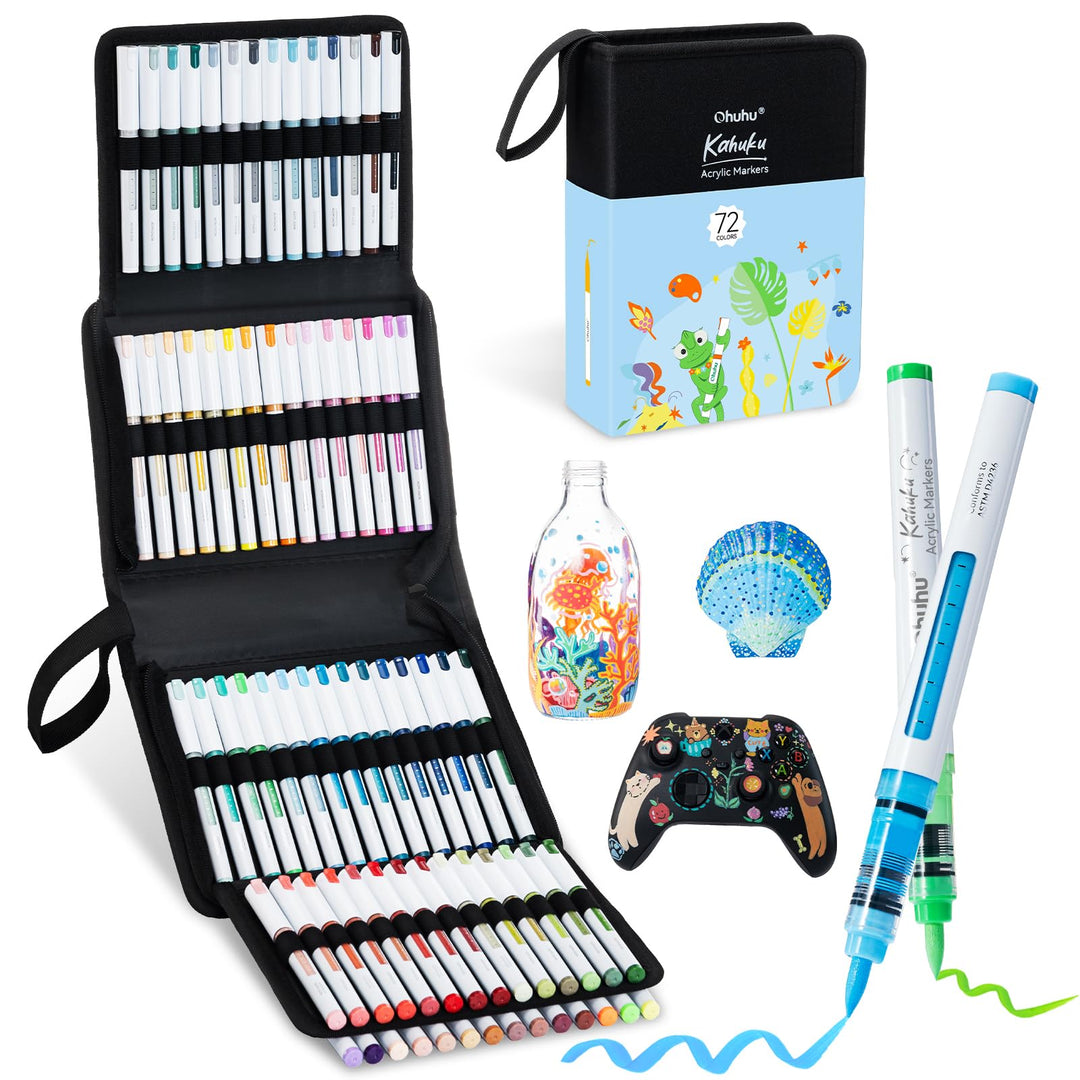 Ohuhu Acrylstifte mit Pinselspitze 72 Farben – Auto-Tintenregulierung, Hochdeckende Acrylic Markers,
