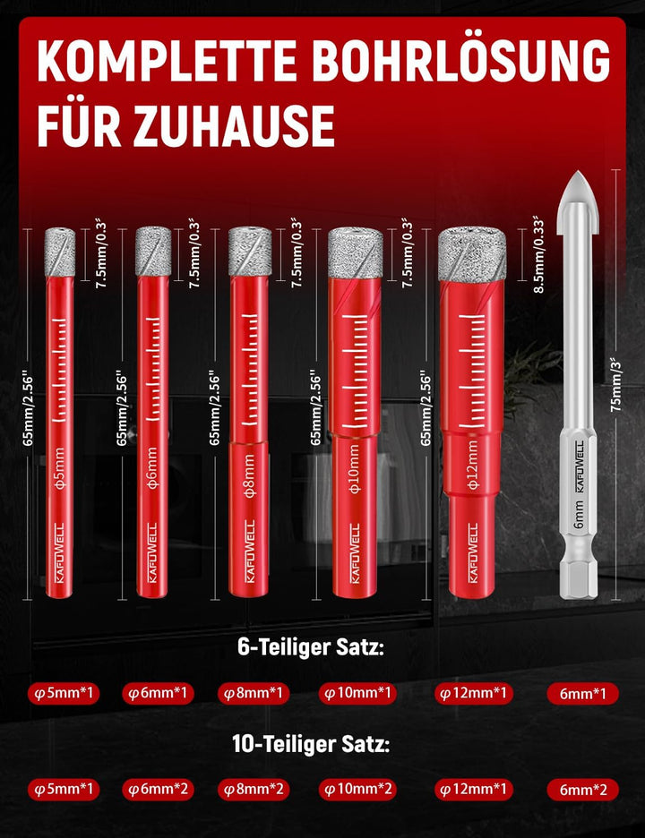 KAFUWELL Fliesenbohrer Diamantbohrer Profi-Set 10tlg, 5-12mm Glasbohrer & 6mm Karbid-Anbohrer für Ke