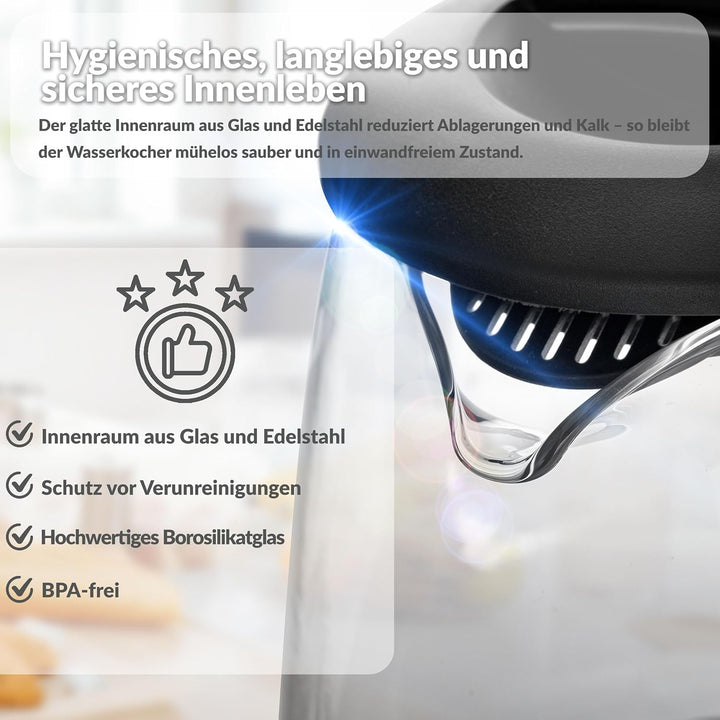 Lehmann LHOEK-2220 Glas Wasserkocher 2 Liter, 2200W, elektrischer Wasserkocher aus Glas mit LED-Hint