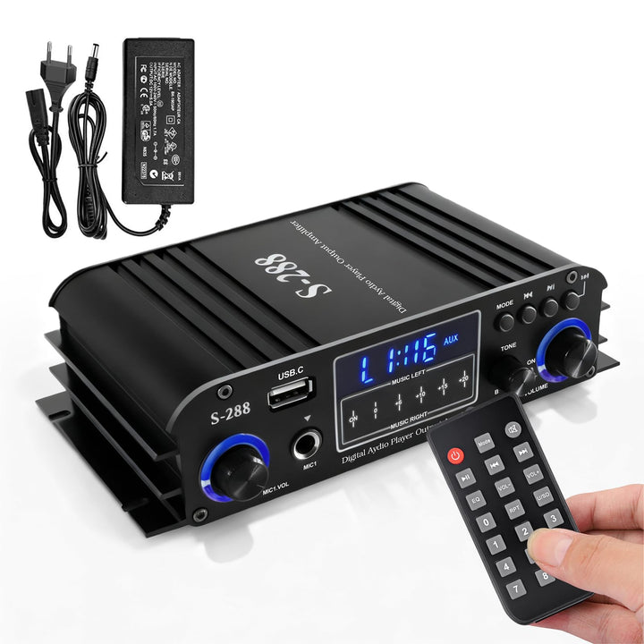 4-Kanal Verstärker, 1200W Audio Leistungsverstärker Bluetooth 5.0, 30Wx4 mit USB/Mikrofon/FM mit Fer