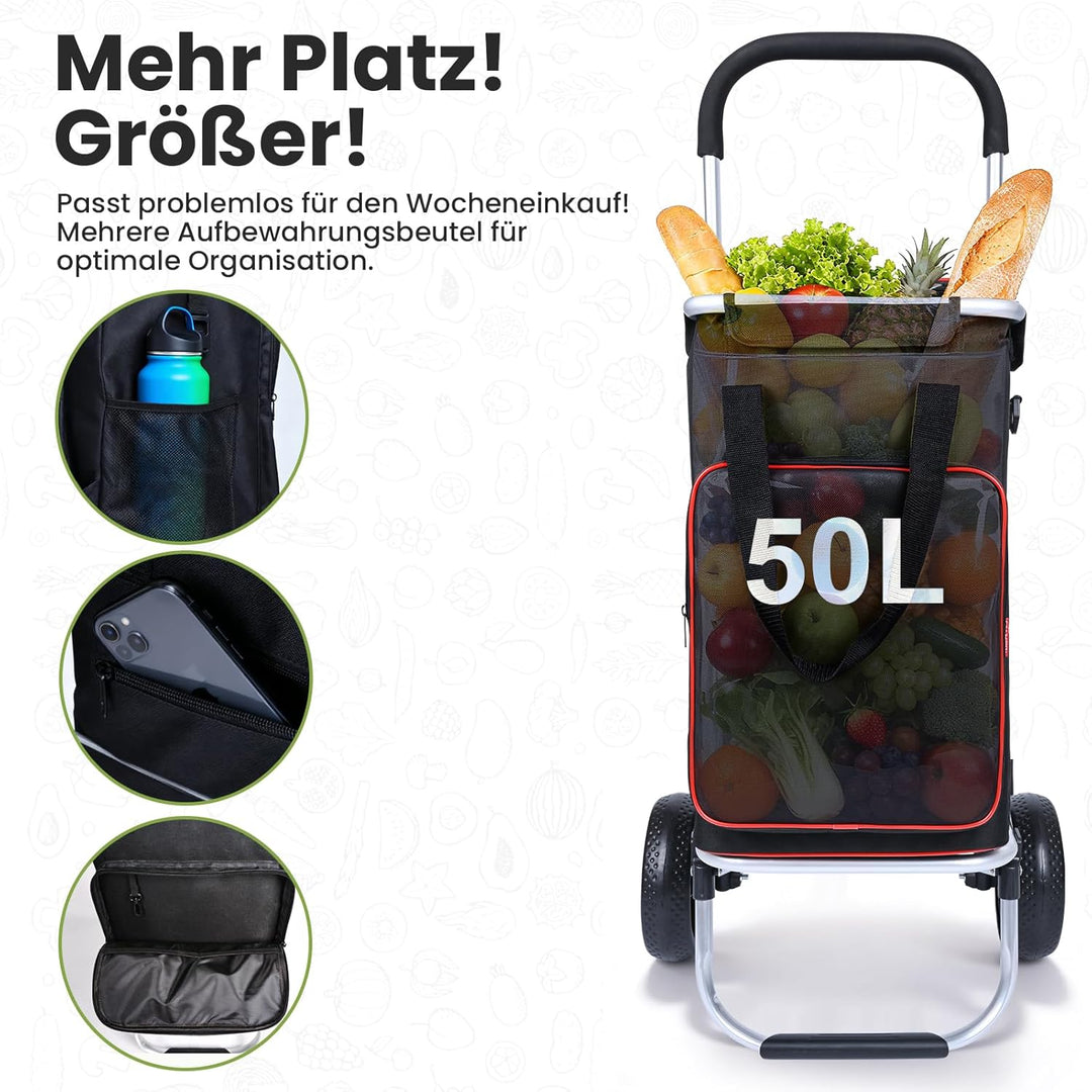YEAUPE PRO Einkaufswagen mit Kühlfach | max. 50L & 25kg Traglast | Klappbarer 3in-1 Trolley Sackkarr