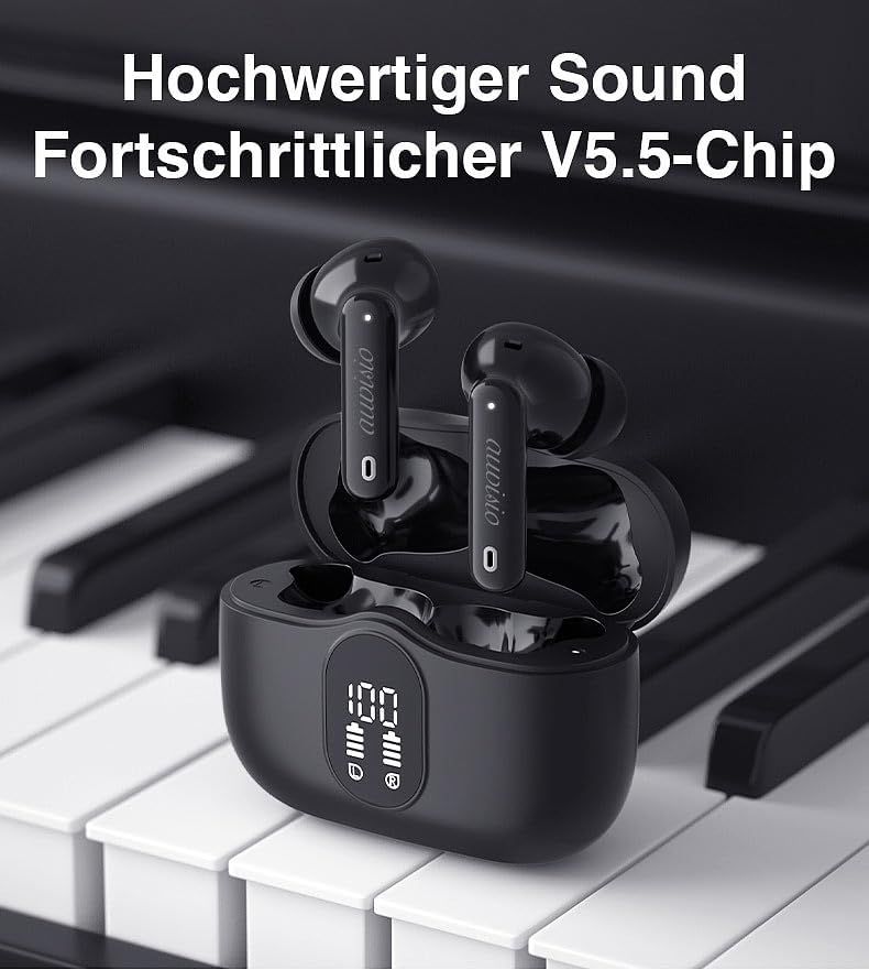 auvisio Headset, Bluetooth: Kabellose In-Ear-Kopfhörer mit Ladecase, Noise-Cancelling, schwarz (Kopf