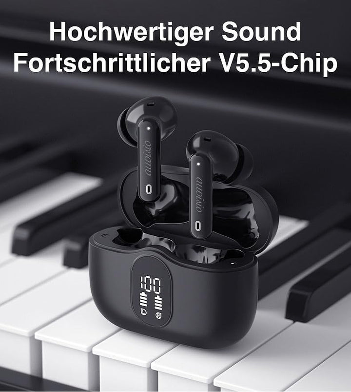 auvisio Headset, Bluetooth: Kabellose In-Ear-Kopfhörer mit Ladecase, Noise-Cancelling, schwarz (Kopf