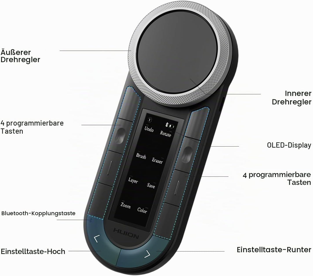 HUION Keydial Fernbedienung, programmierbare Bluetooth-Tastatur mit zwei Zifferblättern, 60 benutzer
