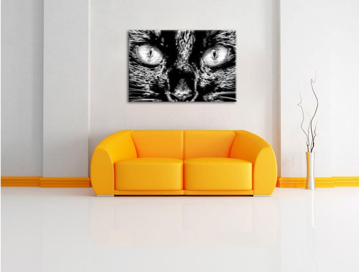 Pixxprint Katze mit orangenen Augen, 100x70cm Leinwandbild bespannt auf Holzrahmen/Wandbild Kunstdru