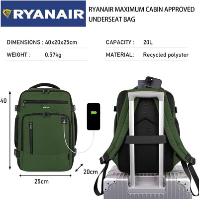 ECOHUB Rucksack 40x20x25 für Ryanair Flugzeug Reiserucksack Handgepäck Gepäck Laptop Daypacks PET-Re