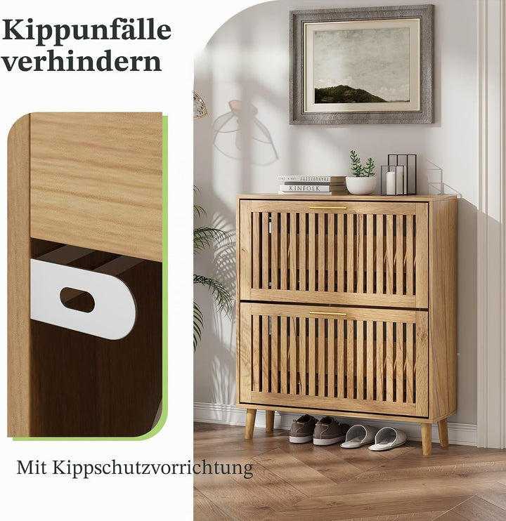 Schuhschrank mit Lamellen und 2 Klappschubladen, schmaler Schuhschrank für den Eingangsbereich, frei
