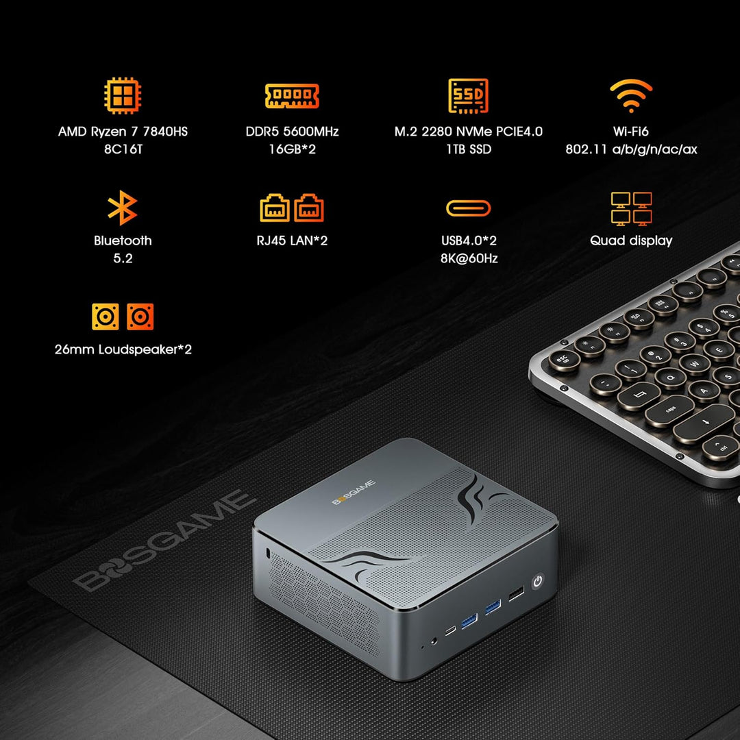 BOSGAME M2 Mini-Gaming-PC, AMD Ryzen 9 7940HS (bis zu 5,1 GHz), 32 GB DDR5, 1 TB PCIe4.0 SSD, Mini-C
