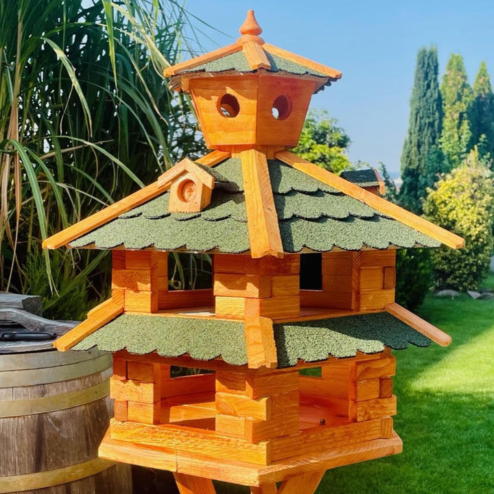 DARLUX Vogelvilla wetterfest von L bis XXL Futterhaus Vogelhaus mit oder ohne Ständer in Braun mit R