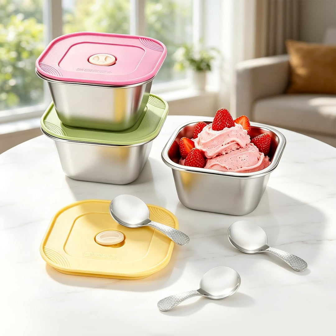 3 Stück Eisbehälter für Speiseeis, 400ml Edelstahl Eisbecher mit Silikondeckeln, Behälter für Eiscre