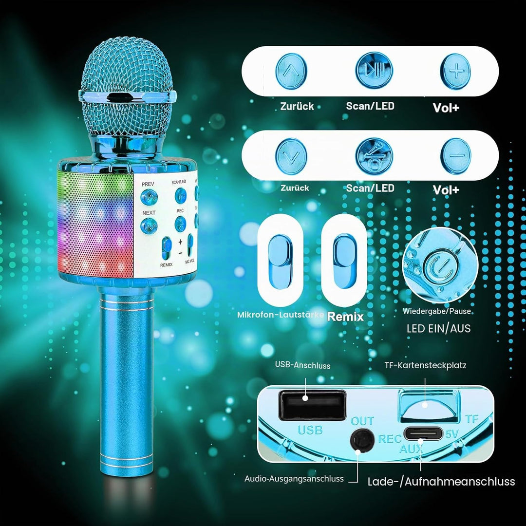 ShinePick Mikrofon Kinder, 4-in-1 Drahtloses Bluetooth Karaoke Mikrofon, Tragbare LED Microphone für