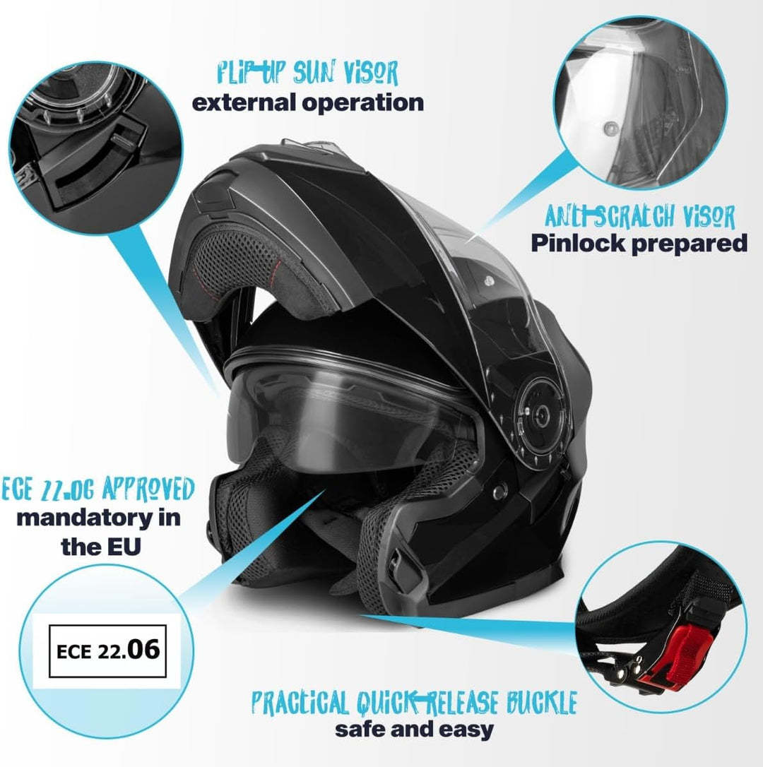 Santos Klapphelm mit Sonnenblende | ECE 22.06 & PINLOCK vorbereitet | Motorrad Helm Integralhelm | M