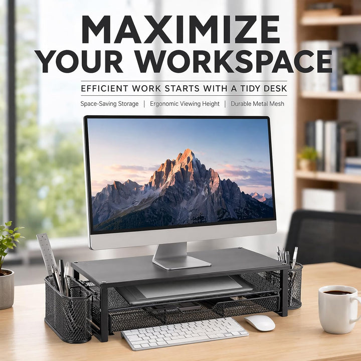 Monitorständer mit Schublade & 2 Stifthaltern - Ergonomische Schreibtisch-Erhöhung für Laptop & Bild