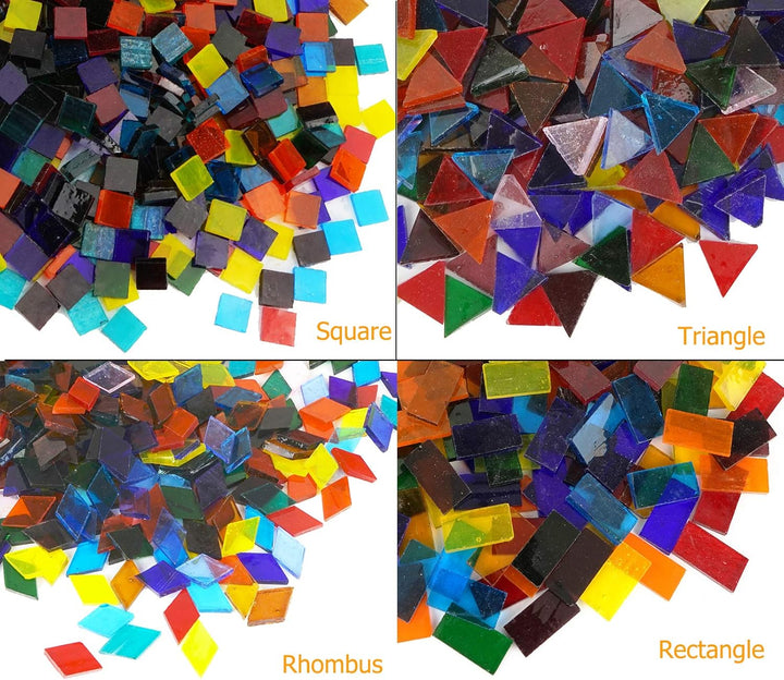 Lanyani 1600 Stück bunte transparente Glasmosaikfliesen, 4 Formen, gemischte Glasstücke für Kunsthan