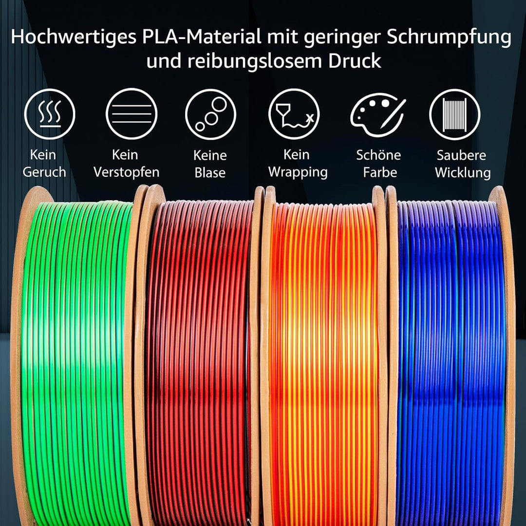 dikale Silk 3D Printing Filament PLA+ Tricolor und Dual Color 4-Pack Bundle, 1.75mm 3D Printing PLA