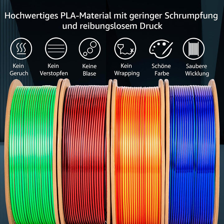 dikale Silk 3D Printing Filament PLA+ Tricolor und Dual Color 4-Pack Bundle, 1.75mm 3D Printing PLA