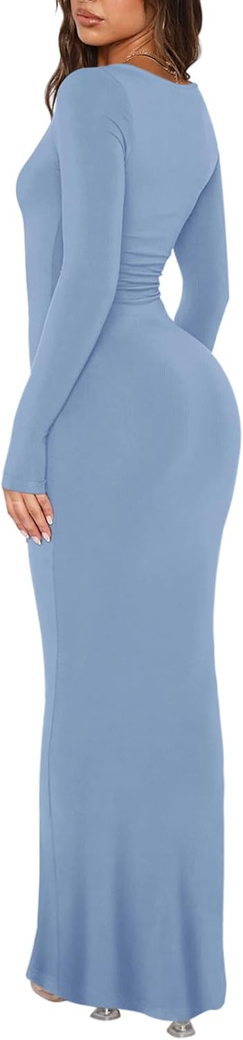 REORIA Damen Sexy U-Ausschnitt Langarm Lounge Langes Kleid Gerippte figurbetonte Maxikleider XS Blau