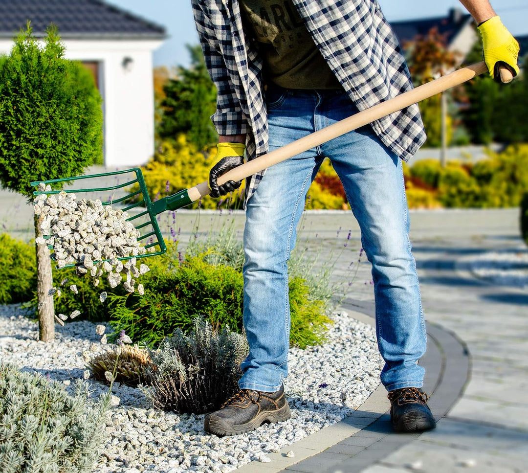 KADAX Steingabel, Forke mit langem Holzstiel, 9 Zinken, Spatengabel, Heugabel, Grabegabel, Mistgabel