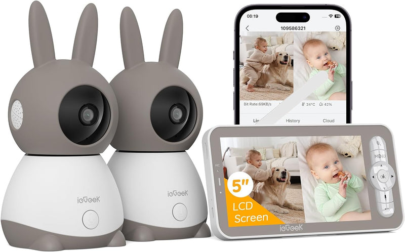 ieGeek Babyphone mit 2 Kamera [2K/3MP, 5 Zoll] WLAN Video Babyfon PTZ 355°, IR-Nachtsicht, Automatis