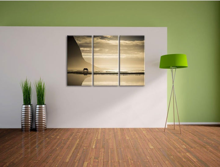 Pixxprint Pferd am Ufer Einer Insel / 3-Teilig/Gesamtmass 120cm Leinwandbild bespannt auf Holzrahmen