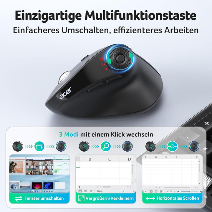 acer Bluetooth Maus Kabellos (BT 5.2+2.4G), Ergonomische Maus 4000 DPI mit Seitlichem Scrollrad, Fun