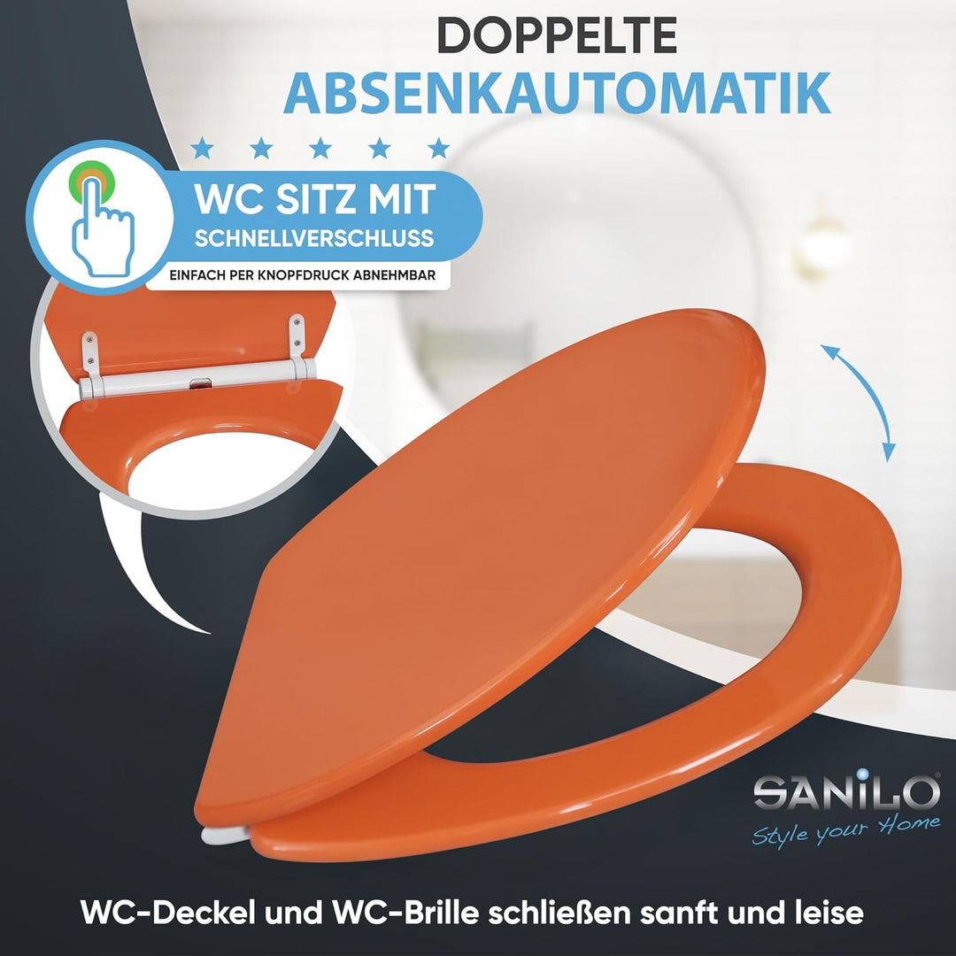 WC Sitz mit Absenkautomatik, hochwertige Oberfläche, einfache Montage, stabile Scharniere, Orange