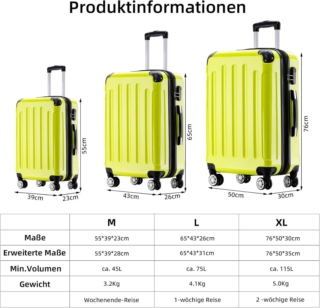 BEIBYE Hartschalen Koffer Trolley Rollkoffer Reisekoffer 4 Zwillingsrollen Polycabonat (Grün, Koffer