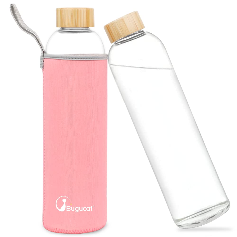 Bugucat Glasflasche 1000 ML, Trinkflasche aus Glas mit chutzhülle，Wasserflasche Auslaufsicher aus Bo