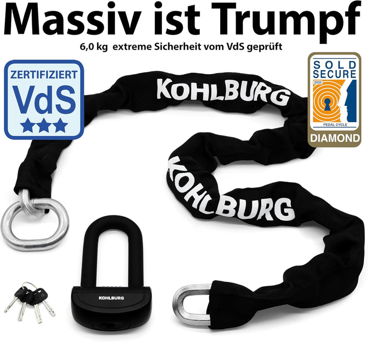 KOHLBURG 6kg massives 150cm VdS Sicherheits- Motorradschloss Typ Alcatraz, 13mm Spezialstahl-Kette,