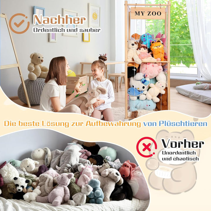 Massivholz Kuscheltier Aufbewahrung mit 360° Rollen &amp; Bremse – inkl. Baumwollnetz, Plüschtier Organi