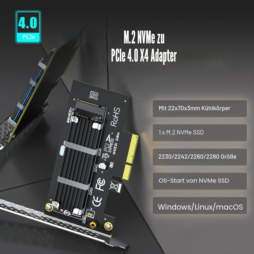 GLOTRENDS PA09-HS M.2 NVMe zu PCIe 4.0 X4 Adapter mit M.2 Kühlkörper für 2280/2260/2242/2230 M.2 NVM