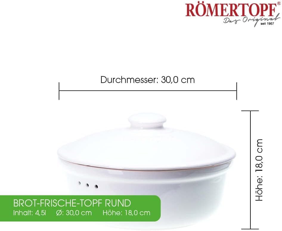 Römertopf Brottopf Rund aus Naturton – Weisse Keramik-Brotbox mit Deckel Ø 30 cm – Für Brot, Brötche