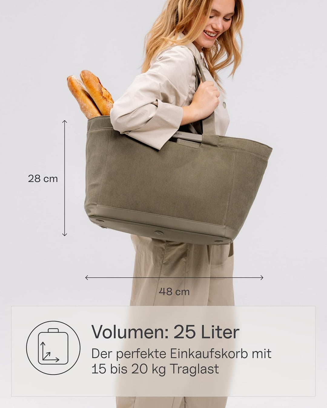 Kapten & Son Vaasa Einkaufskorb faltbar Cord Dusty Khaki 25 L | Korb Kord Grün | Inklusive Einkaufsw