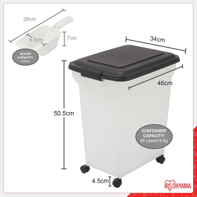 Iris Ohyama Hundefutter Aufbewahrung mit Rollen, 45L/15kg, Schwarz, Luftdichte Futterbox, Trockenfut
