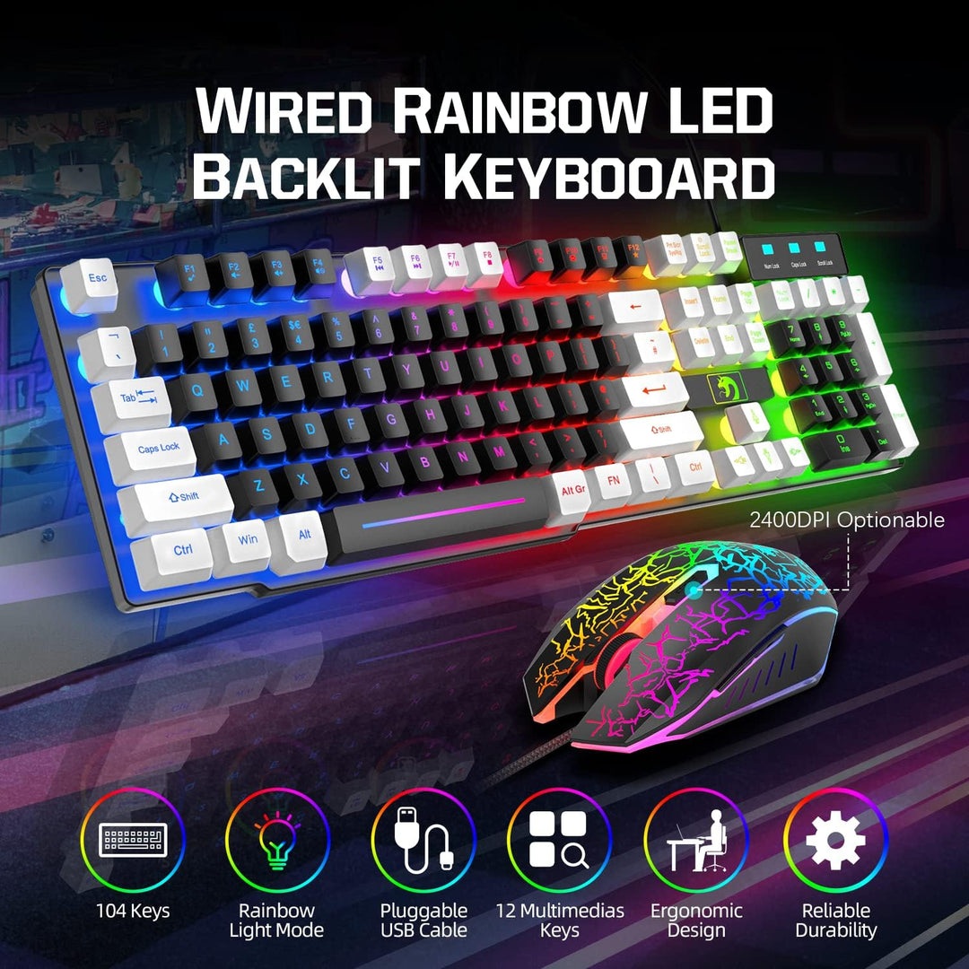 Kabelgebundene Gaming-Tastatur, Maus und Mauspad und Gaming-Headset, Regenbogen-LED-Hintergrundbeleu