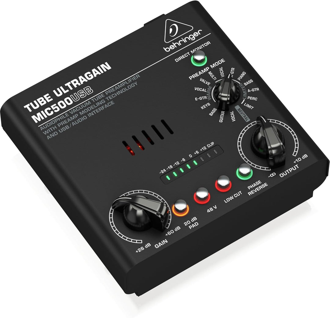 Behringer TUBE ULTRAGAIN MIC500USB Audiophiler Vakuumröhren-Vorverstärker mit Preamp-Modeling-Techno