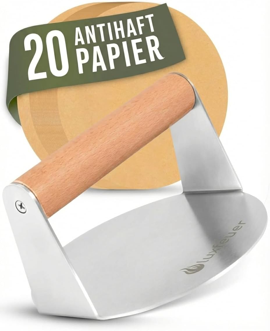 Smash Burgerpresse Edelstahl Ø14cm – mit Holzgriff & 20x Antihaftpapier – Smash Burger Smasher für G