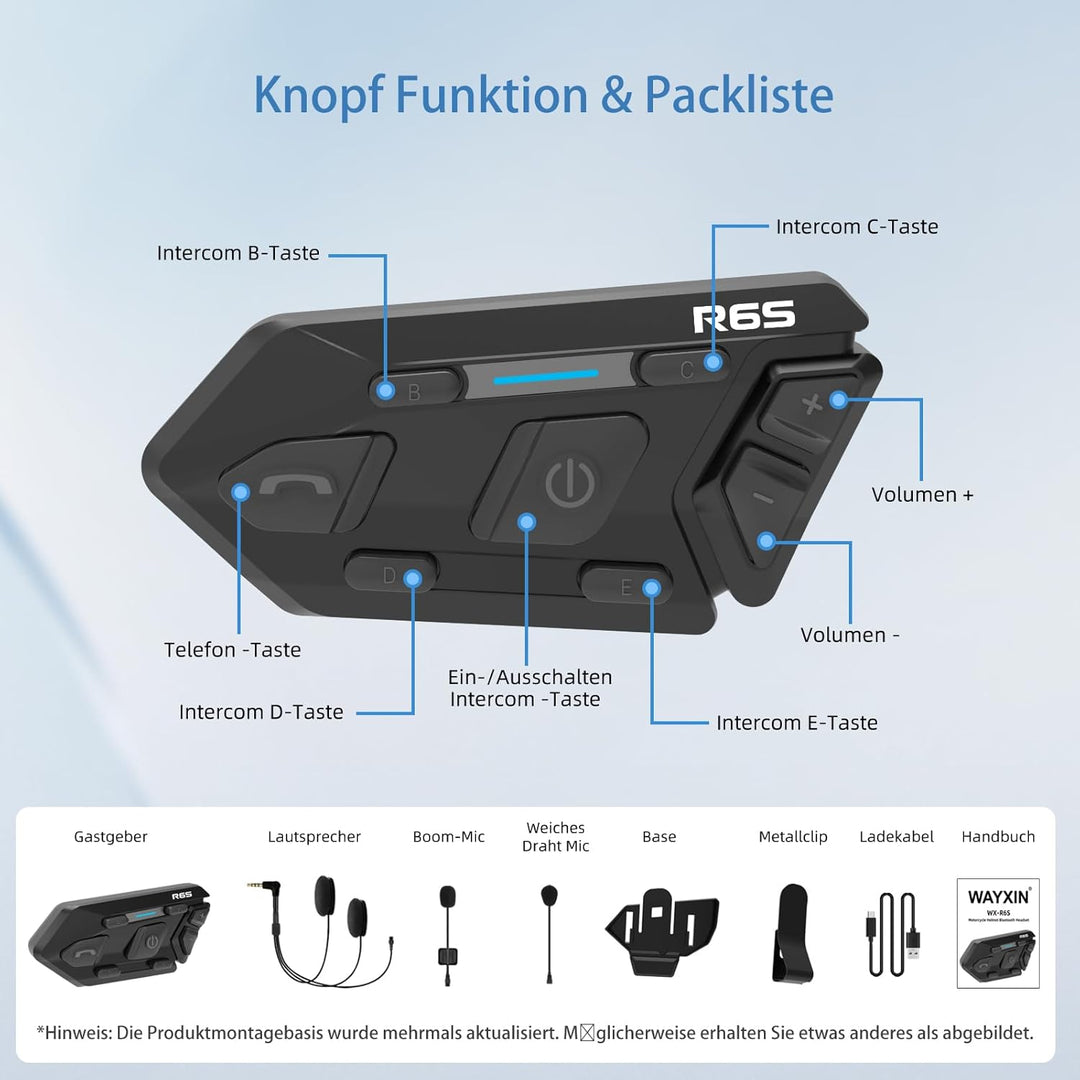 R6S Motorrad Headset Bis zu 6 Motorräder anschliessbarr 1200M Wireless Kommunikationssystem für 2 Pe