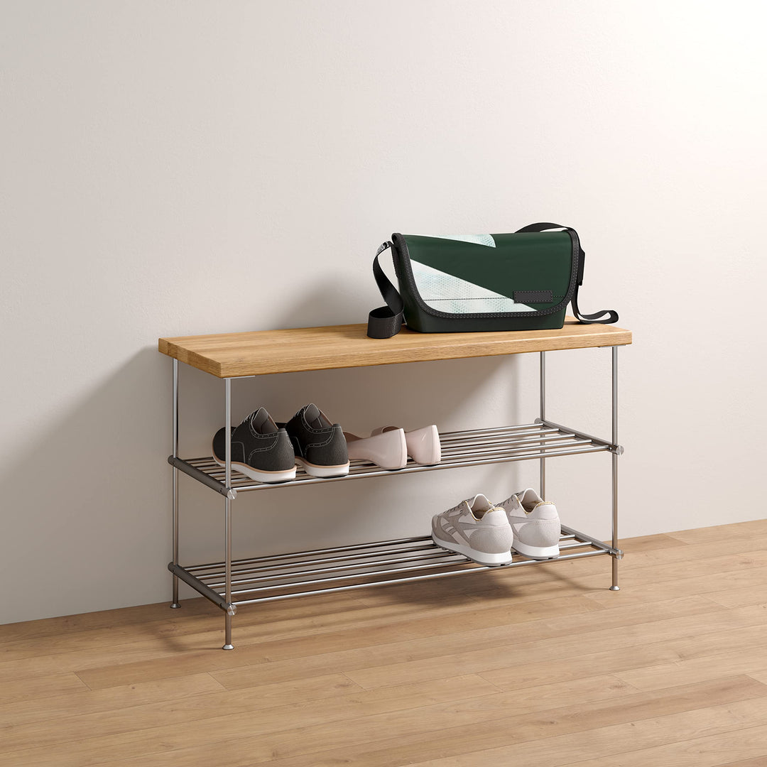 PHOS Design, SB600-2-Eiche, 60 cm Schuhbank mit massiver Eichenholz-Sitzfläche und 2 Edelstahl-Schuh