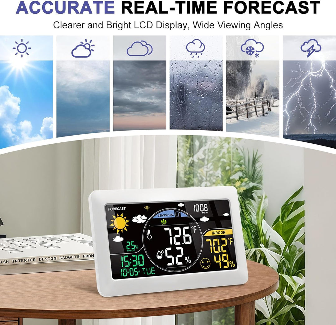 7.9" Wetterstation Funk mit Aussensensor VA-Display DCF Funkuhr, 20CM Grösse Farbdisplay mit Innen u