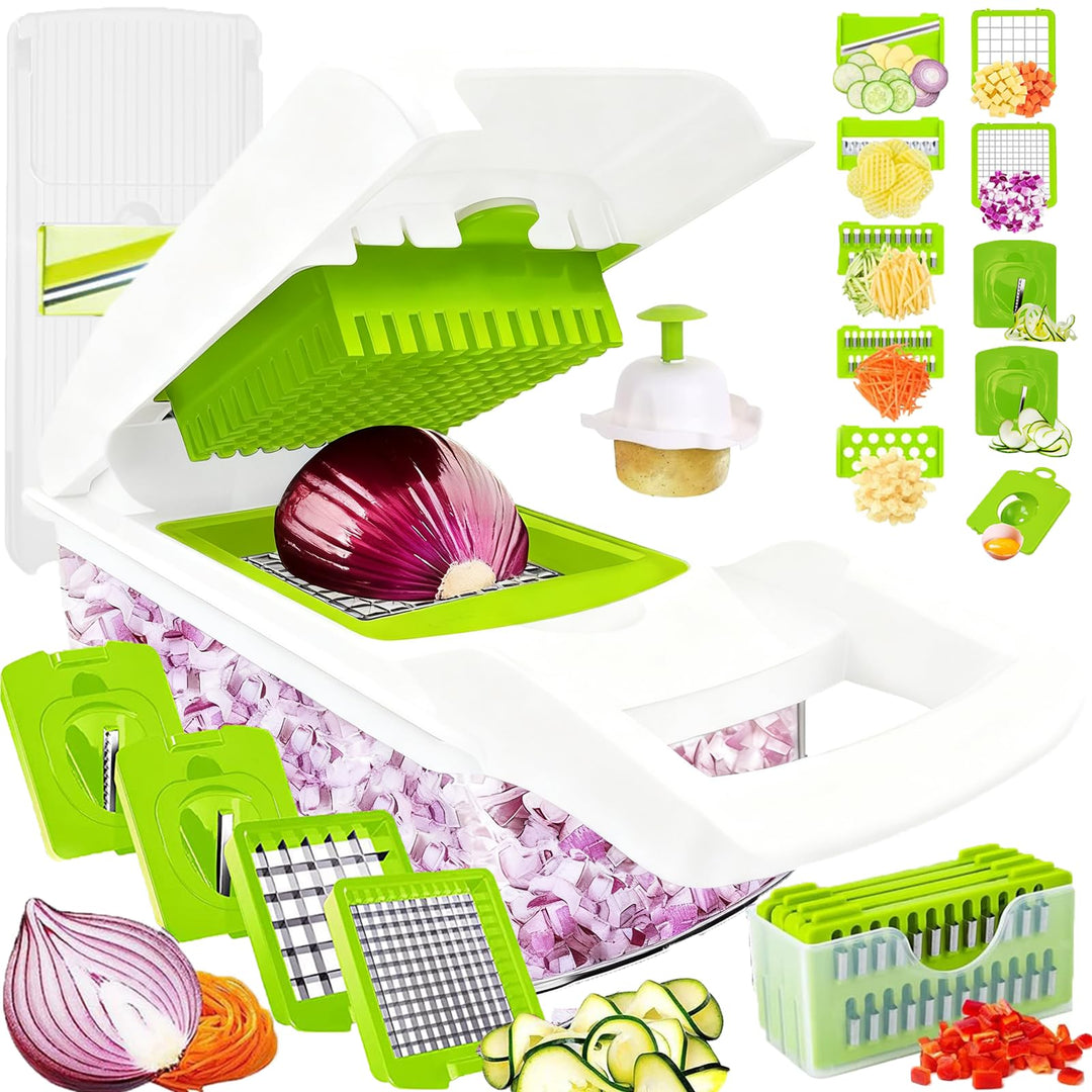 Gemüseschneider Gemüsehobel Reibe Zwiebelschneider Mandoline Dicer Chopper, Weiss 10 Klinge