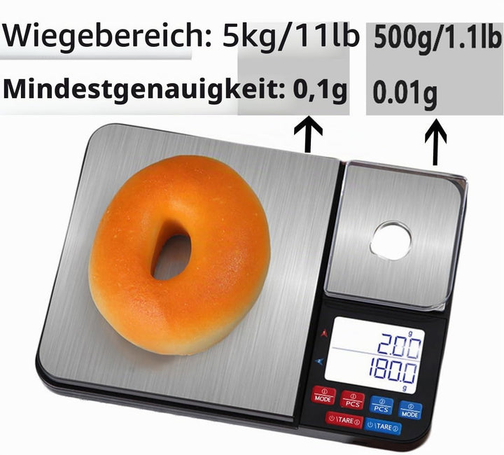 Wiederaufladbare Küchenwaage mit zwei Gewichtsplattformen 12 Wägeeinheiten Display mit klarer Hinter