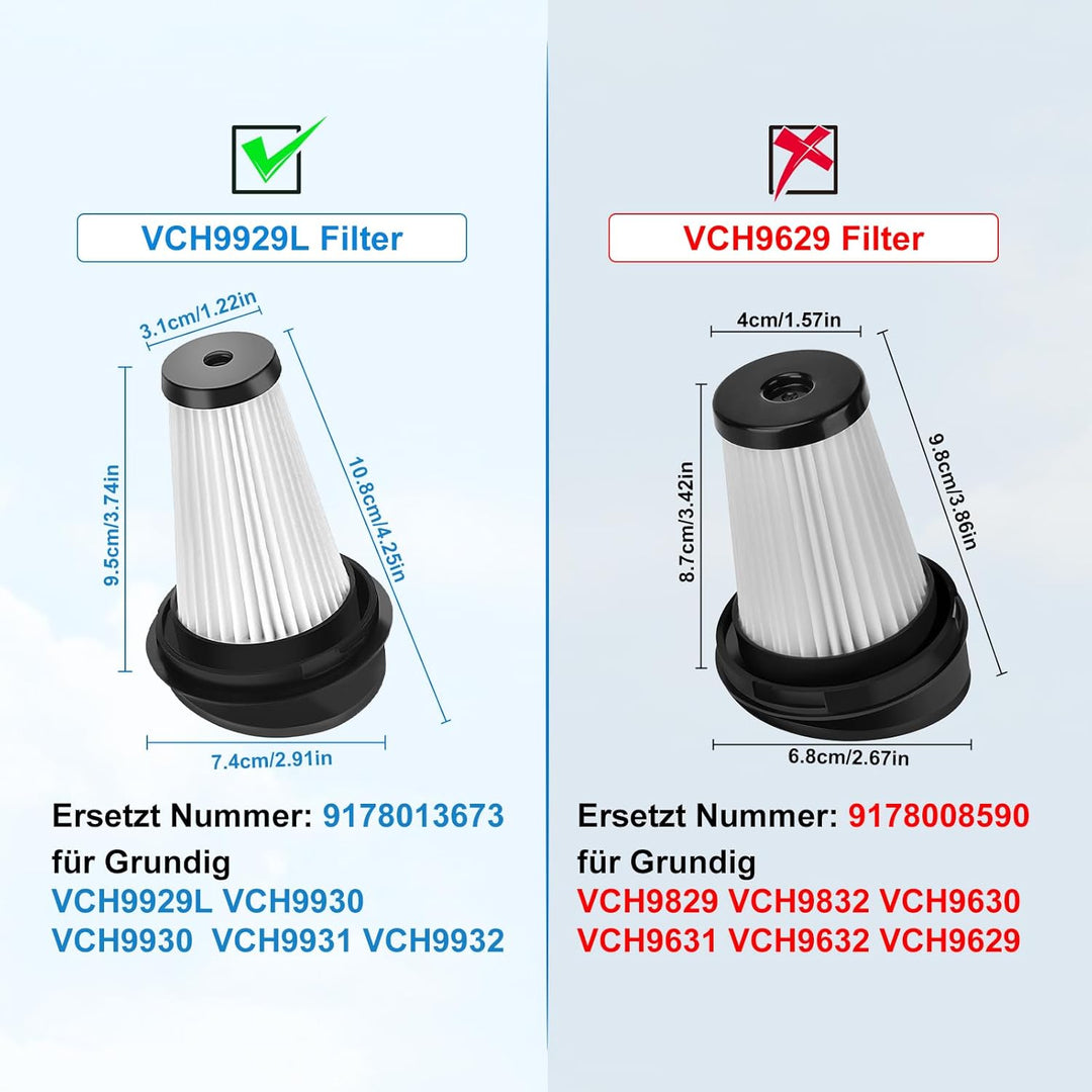 6 Stück Ersatzfilter für Grundig VCH9929L VCH9930 VCH9931 VCH9932 2 in 1 Akku-und Handstaubsauger,He