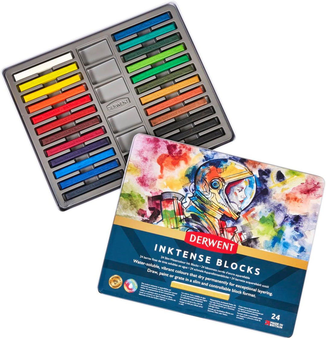 Derwent Inktense 24 Tintenblöcke, Set mit 24 Wasserfarben, Breite 8 mm, wasserlöslich, ideal zum Zei