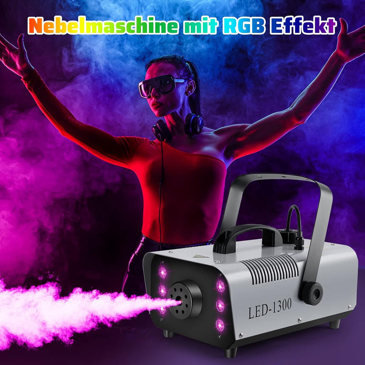 1300 Nebelmaschine mit RGB Effekt,13 Farbigen 6 LED Licht Smoke Machine,Mini Fog Rauchmaschine mit 2