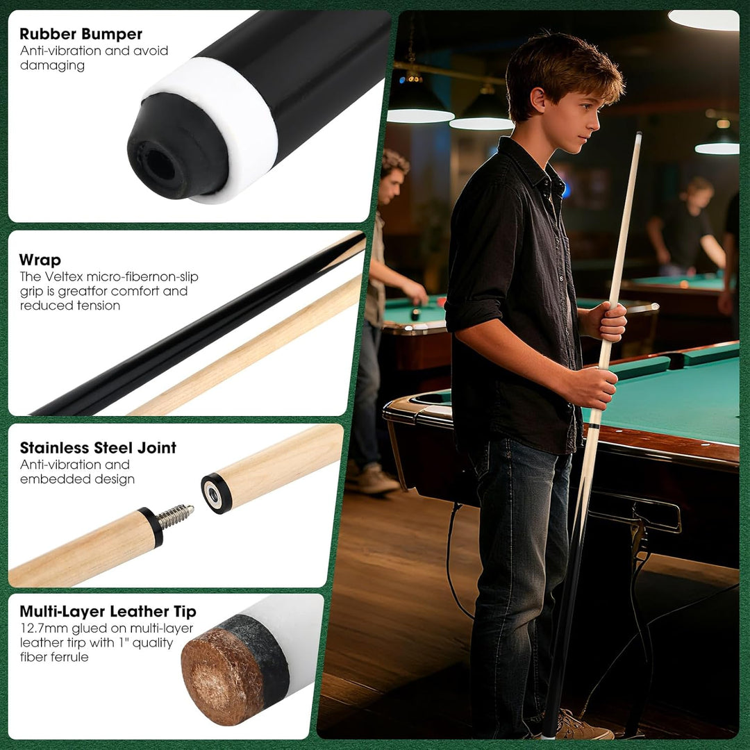 JX 2-Piece Pool Cue Stick with 13mm Tip 58' Hardwood Canadian Maple Professional Billiard Pool Cue S