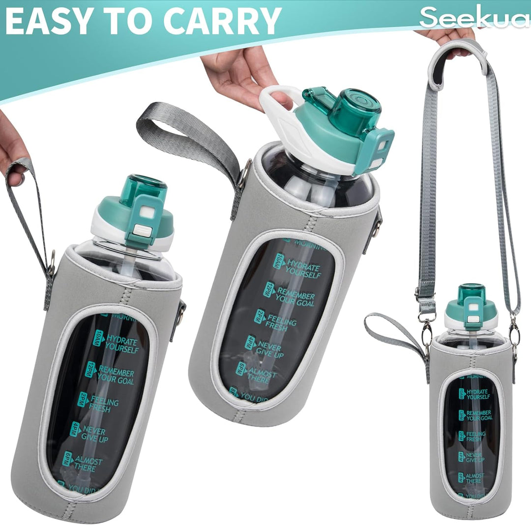 Seekua 2l Sport Trinkflasche Glas Flasche mit Strohhalm & Zeitmarkierung auslaufsicher bpa frei 2 li